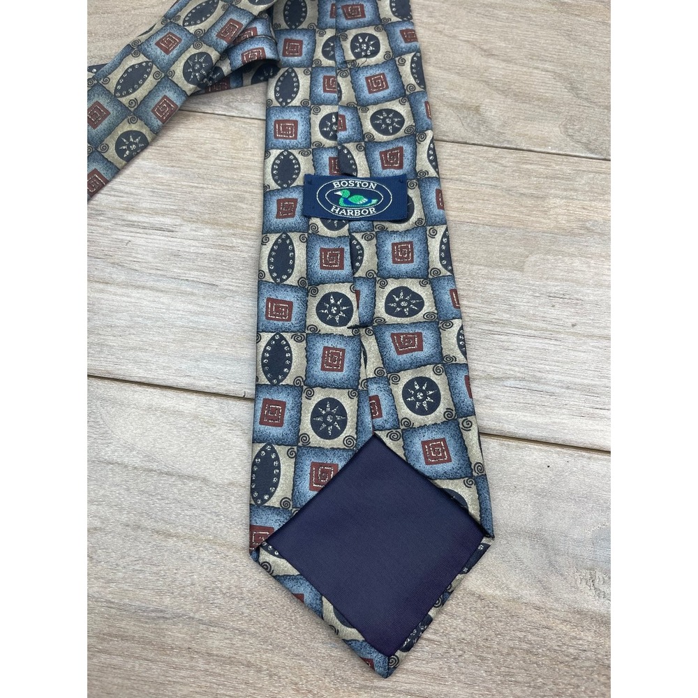 Boston Harbor Men's Tie Blue Beige Red Geometric Pattern Silk